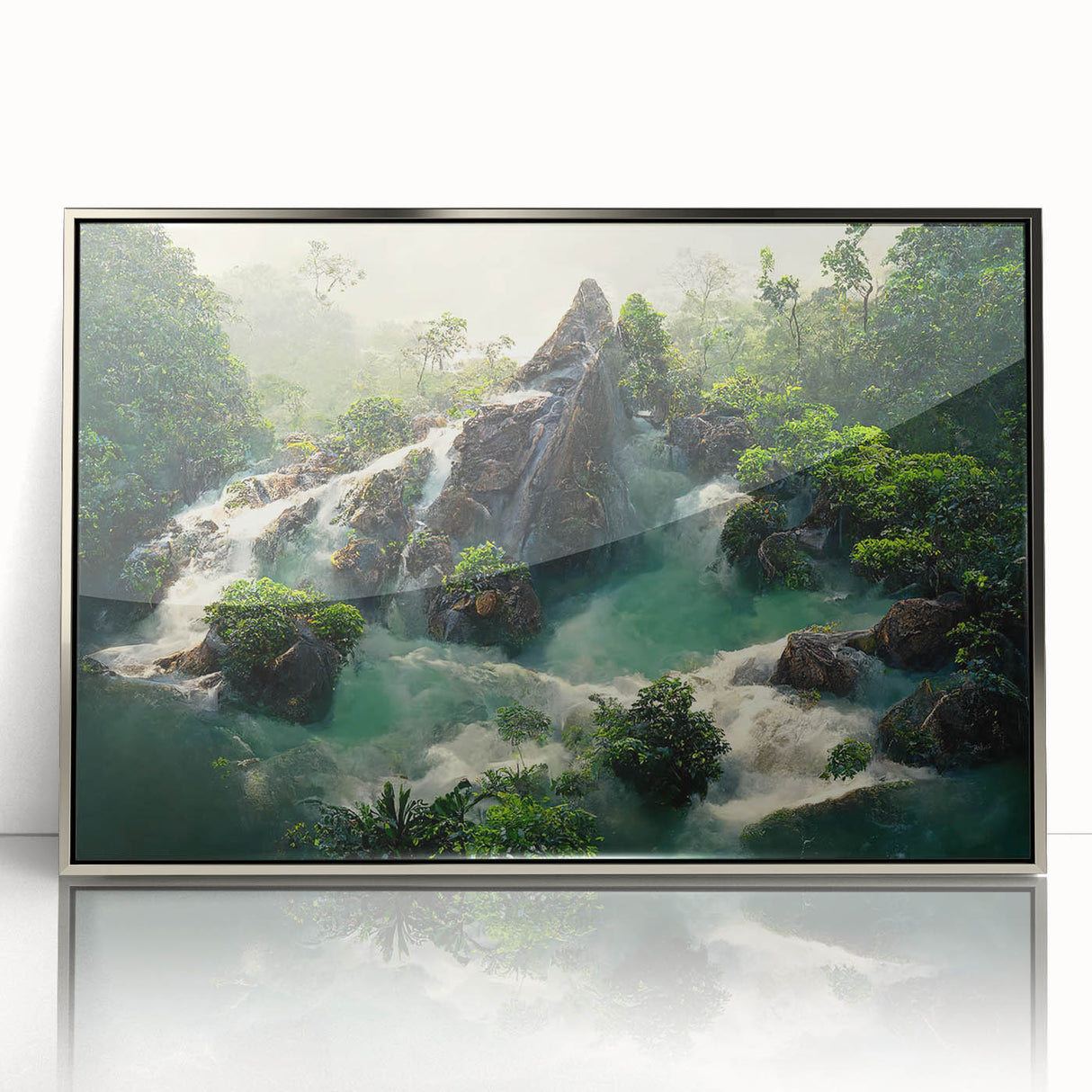 Framed acrylic wall art showcasing a vibrant rainforest landscape design with rich greens and blues, enhancing modern decor with its sleek silver frame.