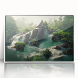 Framed acrylic wall art featuring a vibrant rainforest landscape design with lush greenery and vivid colors, set against a sleek white frame for modern decor.