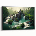 Framed canvas wall art depicting a vibrant rainforest landscape with lush greenery and vivid colors, showcased from a black side view for modern decor.