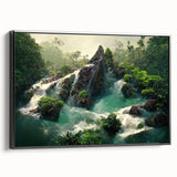 Framed canvas wall art depicting a vibrant rainforest landscape with lush greenery and vivid colors, showcased from a black side view for modern decor.