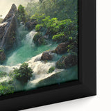 Close-up of a vibrant rainforest-themed wall art canvas featuring lush green foliage and colorful tropical flowers, beautifully framed for home decor.