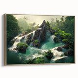 Framed canvas wall art depicting a vibrant rainforest landscape design with lush greenery and golden accents, showcasing a side view of the artwork.