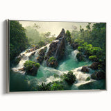 Framed canvas wall art showcasing a vibrant rainforest landscape with lush greenery and serene details, presented in a sleek silver frame, ideal for nature-themed decor.