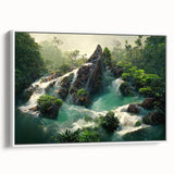 Framed canvas wall art showcasing a vibrant rainforest landscape design, featuring lush greenery and rich colors, displayed against a white backdrop. Perfect for nature-inspired decor.