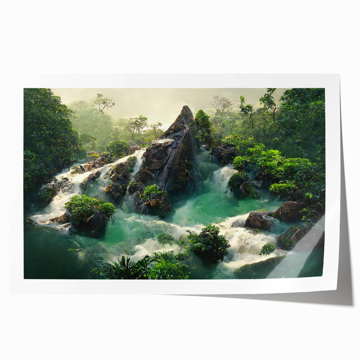 Vibrant rolled print of a rainforest landscape featuring lush greenery and tropical foliage, designed for wall art collection, showcasing nature's beauty.