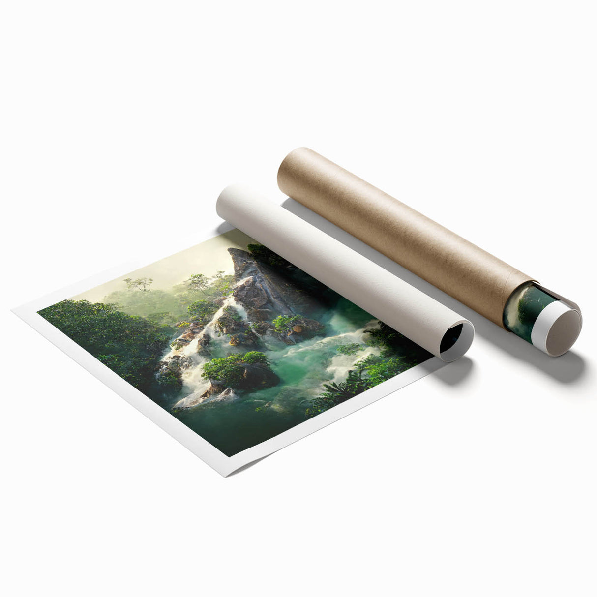 Vibrant rainforest landscape wall art print showcasing lush greenery and exotic flora, rolled for easy shipping and display in any home decor setting.