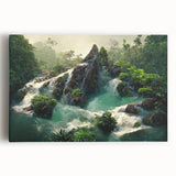 Vibrant rainforest landscape wall art on stretched canvas, showcasing lush greenery and exotic flora, perfect for enhancing interior decor with a nature-inspired theme.