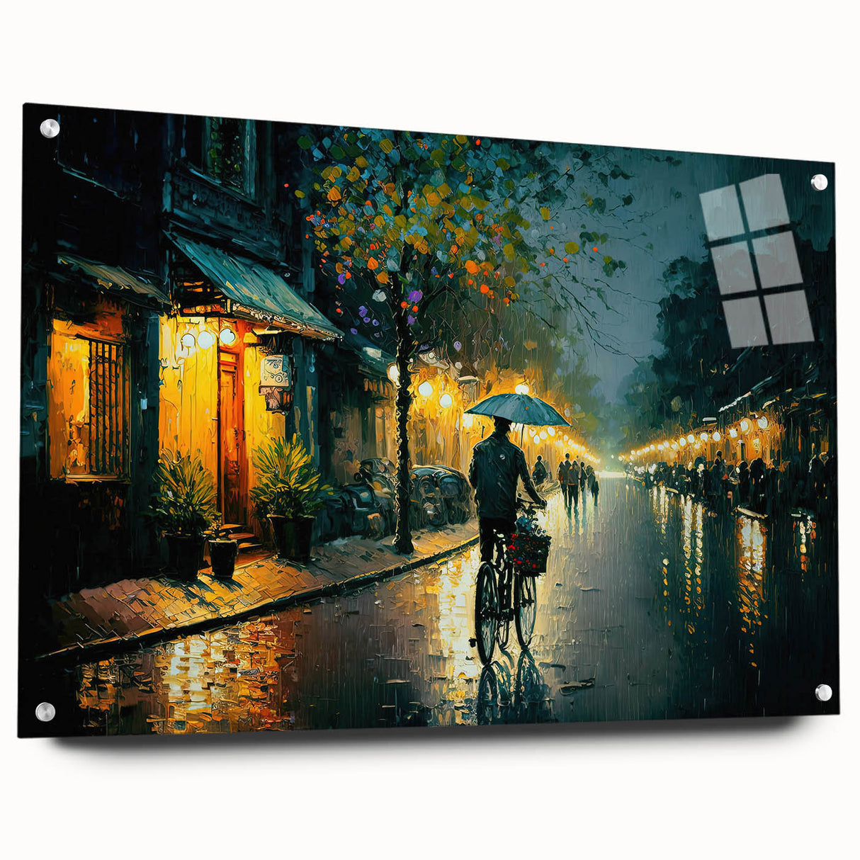 Acrylic glass wall art showcasing a vibrant landscape with winding roads and lush greenery, designed for modern decor, displayed at an inviting angle.