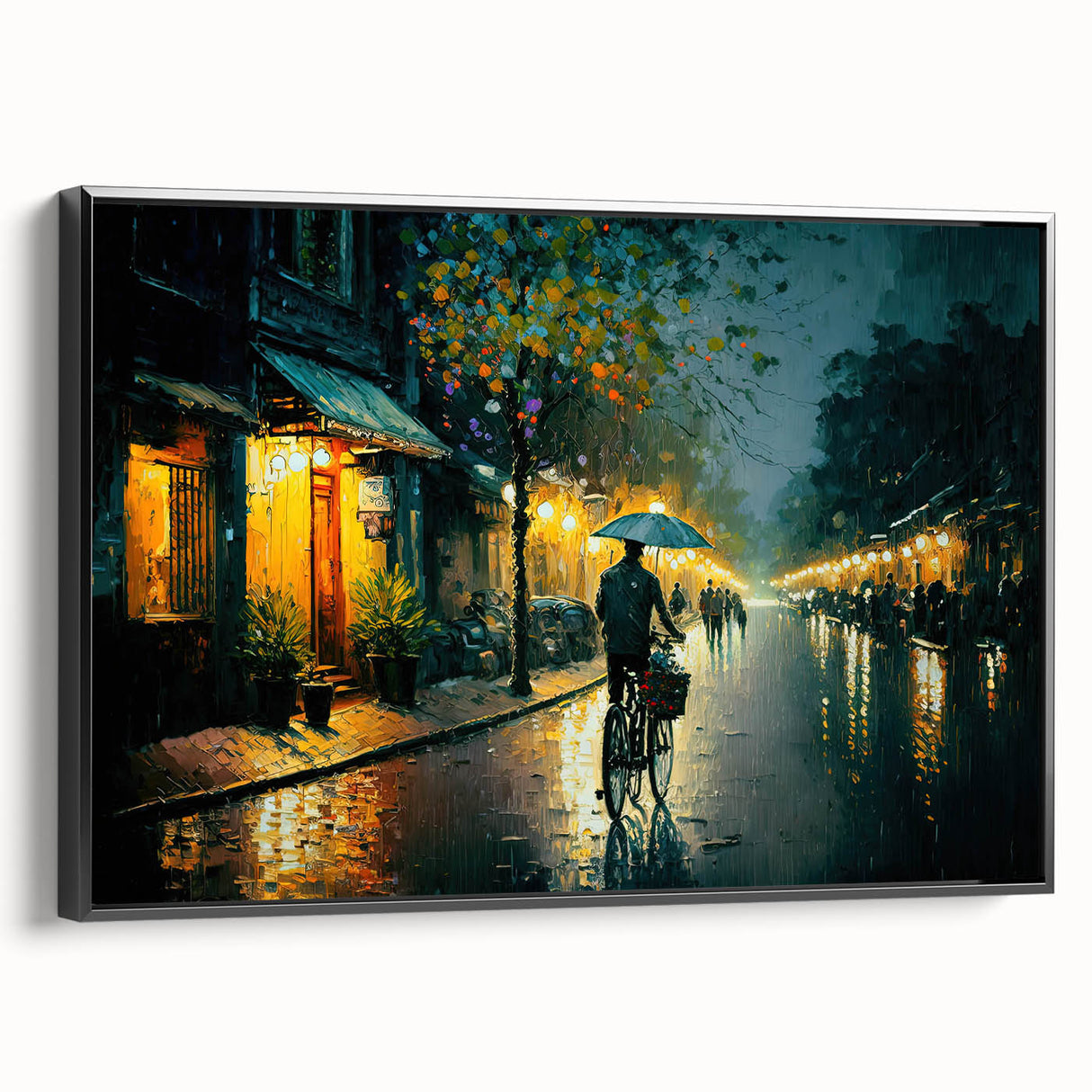 Framed canvas wall art featuring a serene landscape with winding roads, set against a black border. Ideal for modern home decor, enhancing any room's aesthetic.