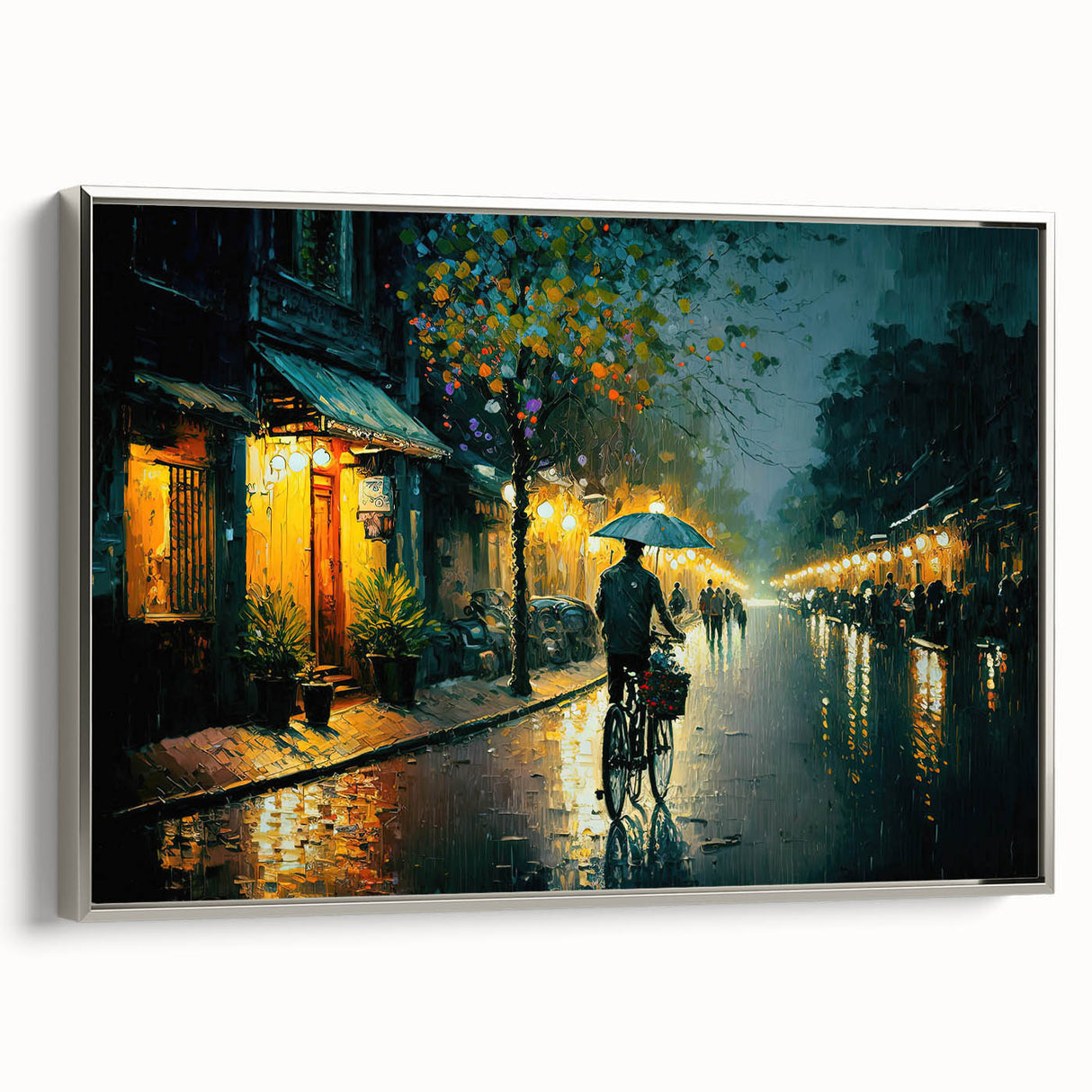 Framed canvas wall art showcasing a serene landscape with winding roads, set against a silver frame, perfect for modern home decor and art enthusiasts.