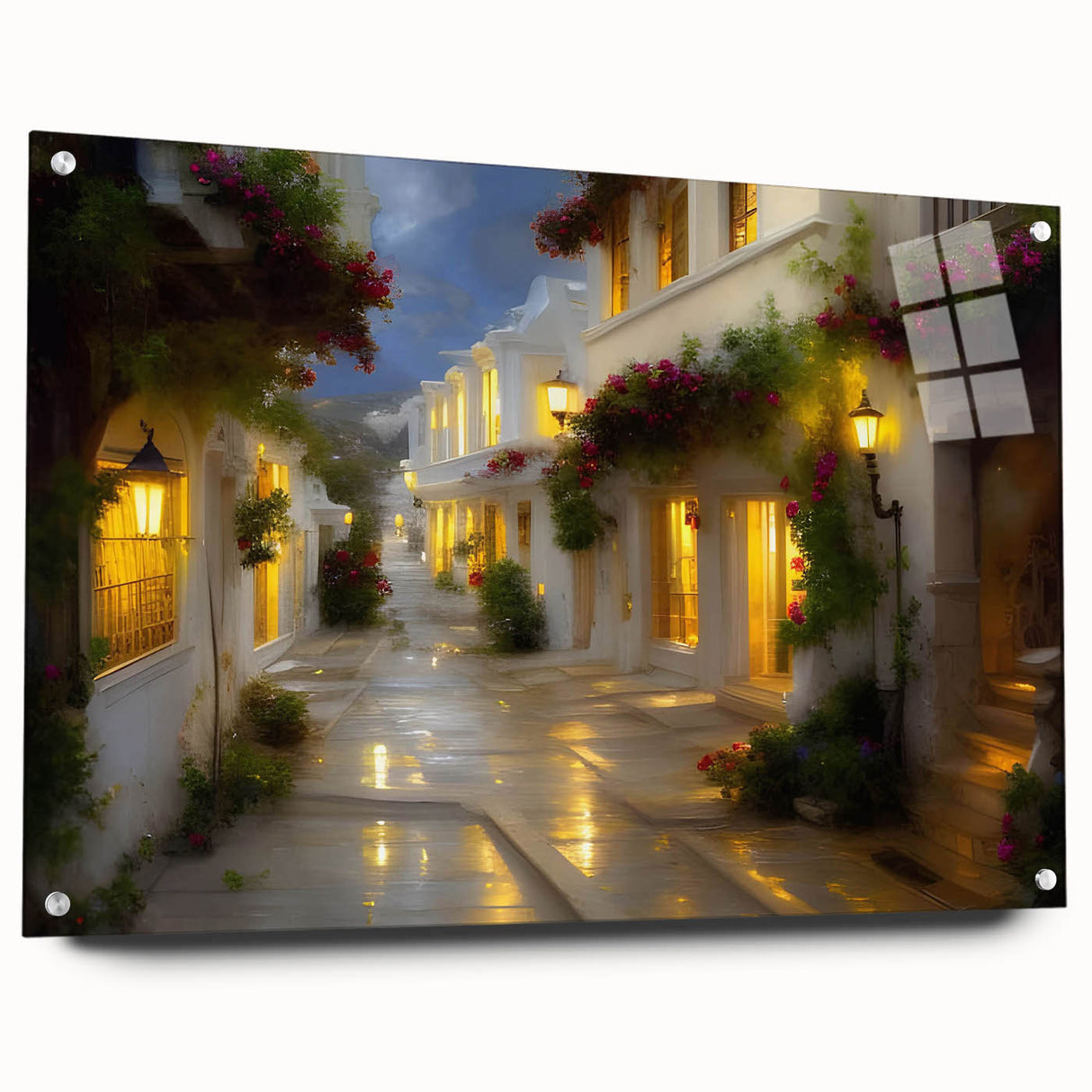 Acrylic glass wall art featuring a vibrant landscape design with winding roads and lush greenery, showcasing a side view and attached pins for display. Perfect for modern home decor.