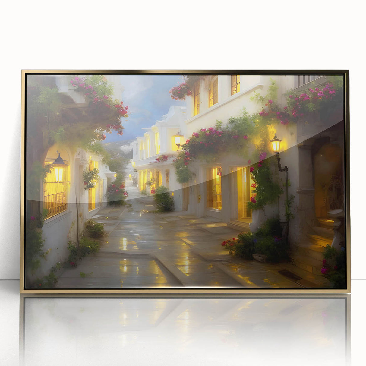 Framed acrylic wall art showcasing a scenic landscape with winding roads, enhanced by a gold border, perfect for home decor. Ideal for adding elegance to any space.