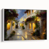 Framed canvas wall art showcasing a serene landscape road design, featuring soft colors and a white frame, perfect for enhancing interior decor aesthetics.