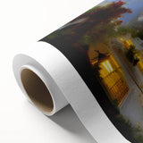 Rolled canvas artwork showcasing a serene landscape road design with vibrant colors, perfect for home decor. Packaged securely in a cardboard tube for protection during shipping.