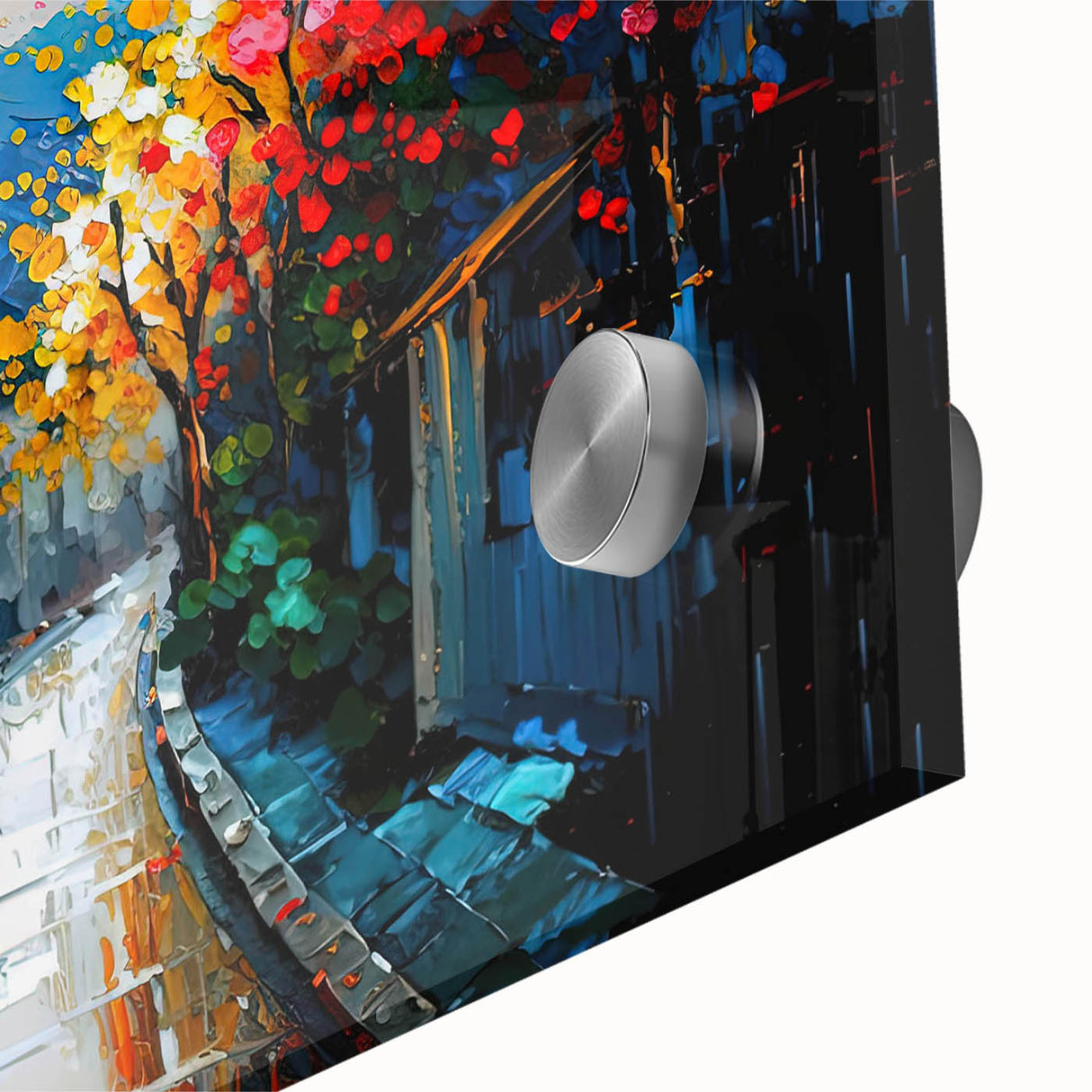 Close-up of a vibrant acrylic glass wall art piece showcasing a serene landscape with winding roads, rich colors, and intricate details, perfect for modern decor.