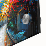 Close-up of a vibrant acrylic glass wall art piece showcasing a serene landscape with winding roads, rich colors, and intricate details, perfect for modern decor.