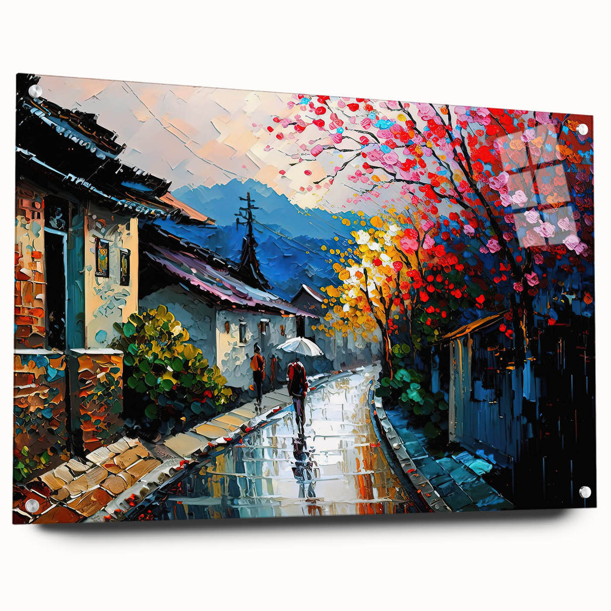 Acrylic glass wall art piece showcasing a vibrant landscape design featuring winding roads and lush greenery, perfect for modern home decor. This side view demonstrates the artwork's depth and clarity, ideal for enhancing any living space.