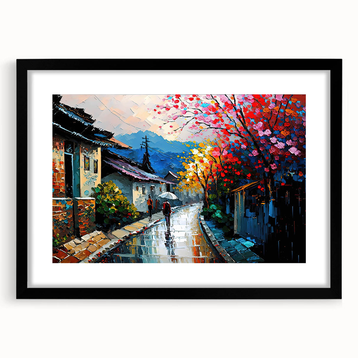 Framed wall art from the Landscapes Roads Design collection, featuring a striking black frame with a mat, showcasing a scenic road landscape ideal for home decor.