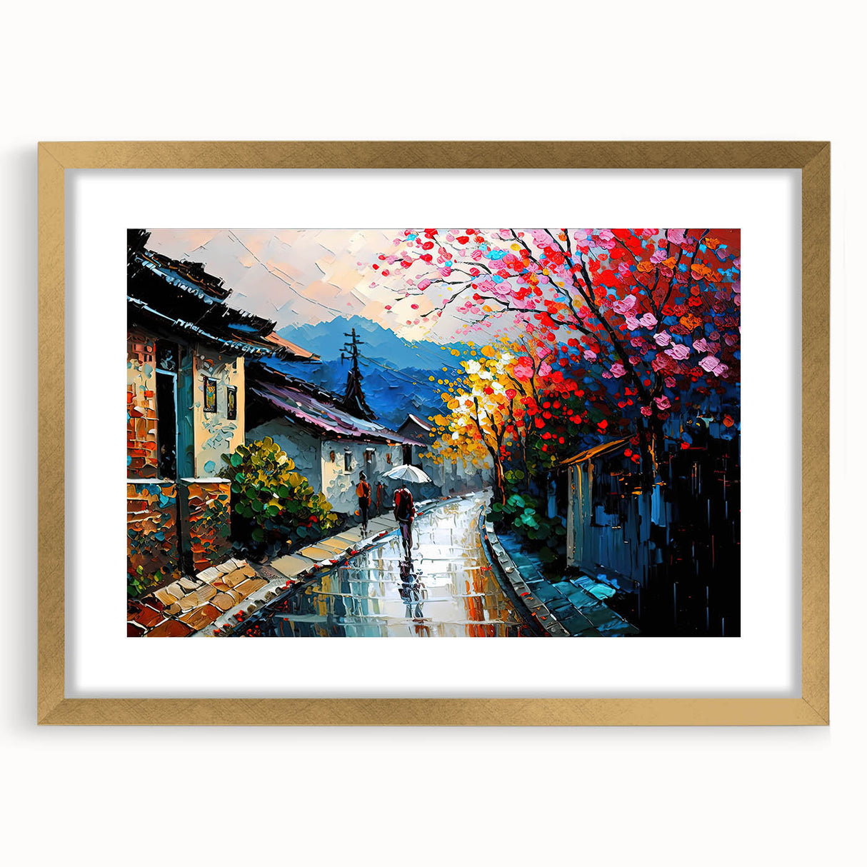 Elegant framed wall art featuring a scenic landscape design with a gold mat, showcasing a tranquil road through lush greenery, perfect for home decor enhancement.