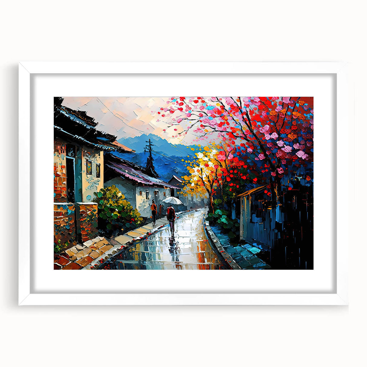 Framed wall art featuring a serene landscape design with winding roads, surrounded by a white mat, showcasing a modern aesthetic perfect for home decor.