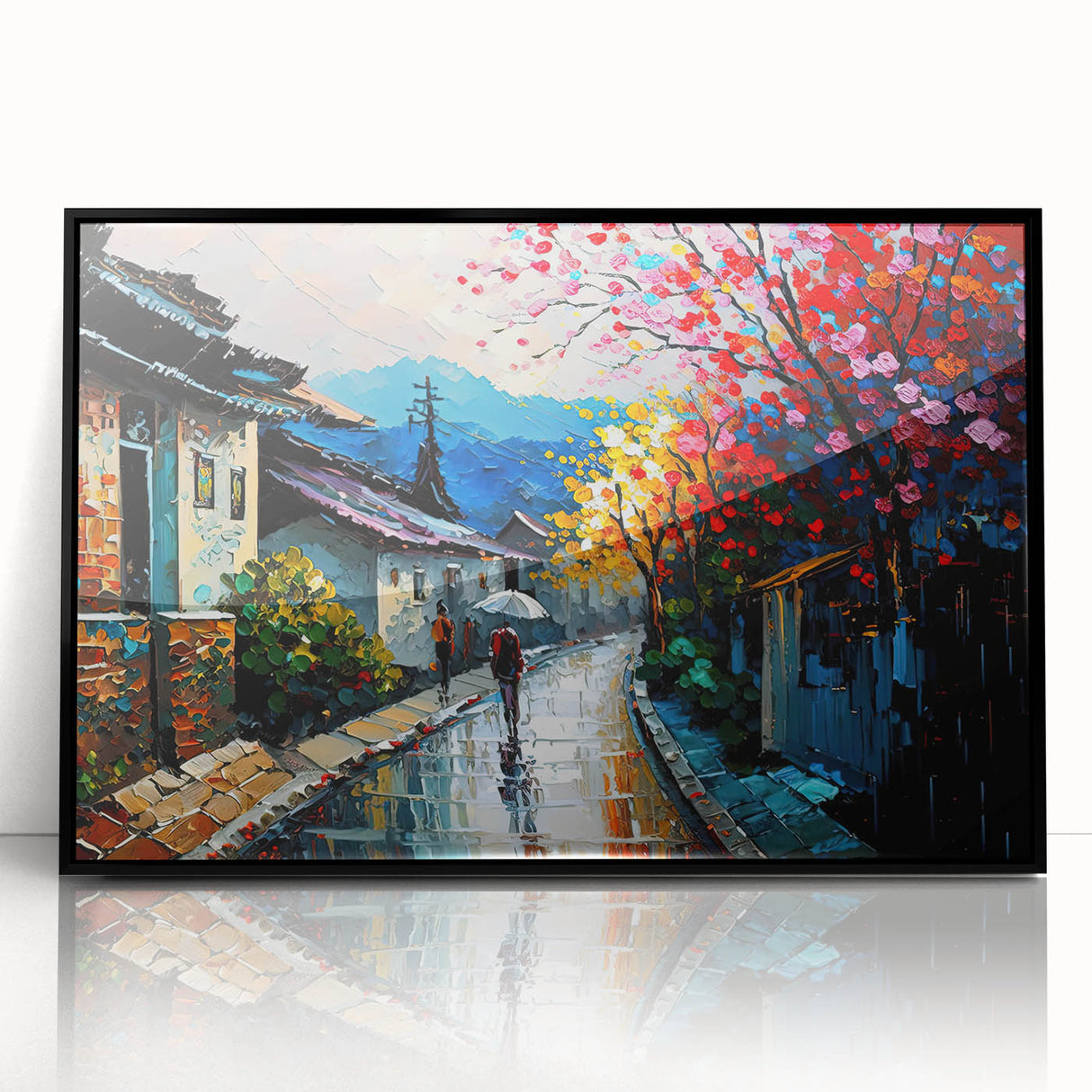 Framed acrylic wall art featuring a striking landscape design with winding roads, set in a sleek black frame, perfect for modern home decor.