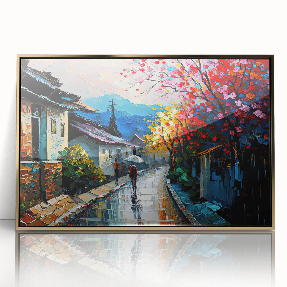 Framed acrylic wall art featuring an elegant landscape design with a winding road, adorned with gold accents, perfect for modern home decor. The piece adds a touch of sophistication and warmth to any interior space.