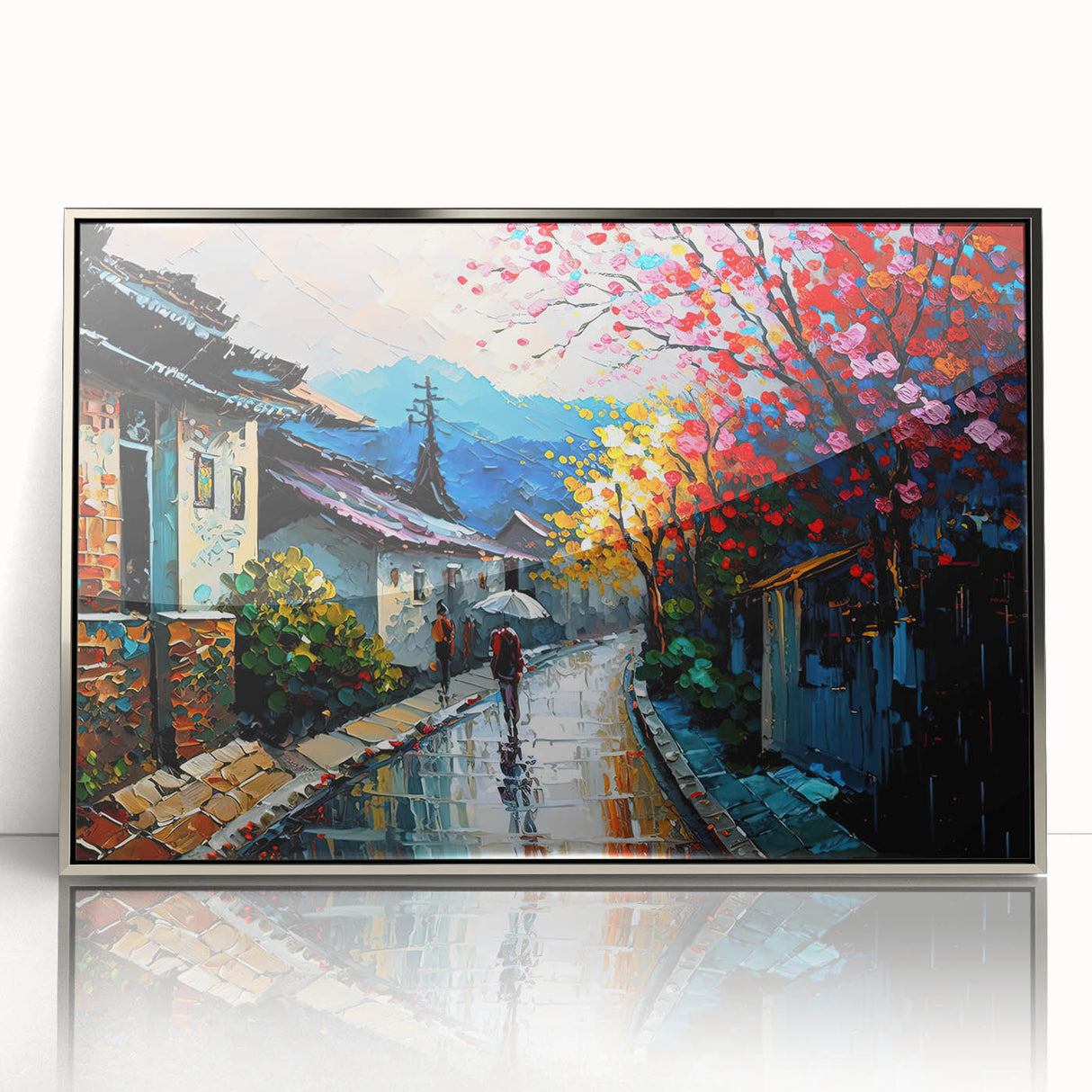Framed acrylic wall art featuring a scenic landscape design with winding roads and lush greenery, set in a sleek silver frame, ideal for modern home decor.