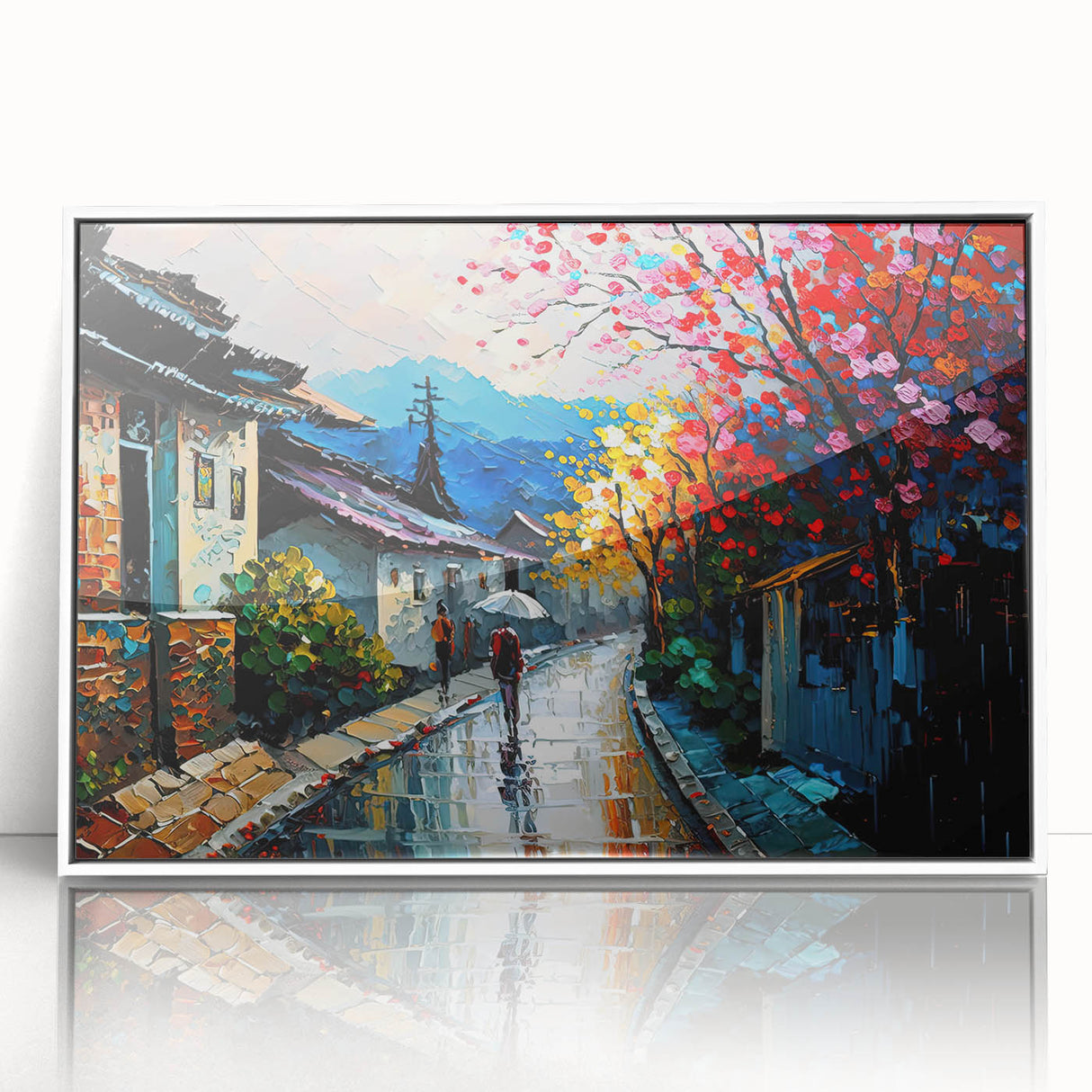 Framed acrylic wall art depicting a serene landscape with winding roads, featuring vibrant colors and intricate details, perfect for enhancing home decor.