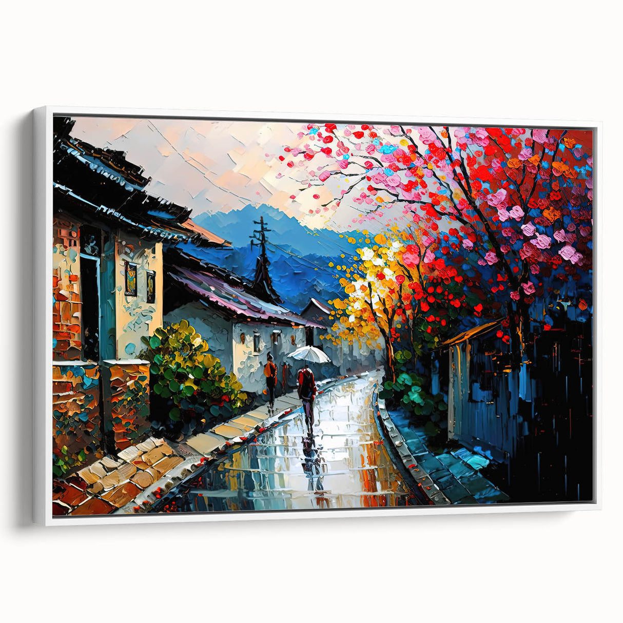 Framed canvas wall art showcasing a serene landscape with winding roads and lush greenery, set against a white background, ideal for modern home decor.