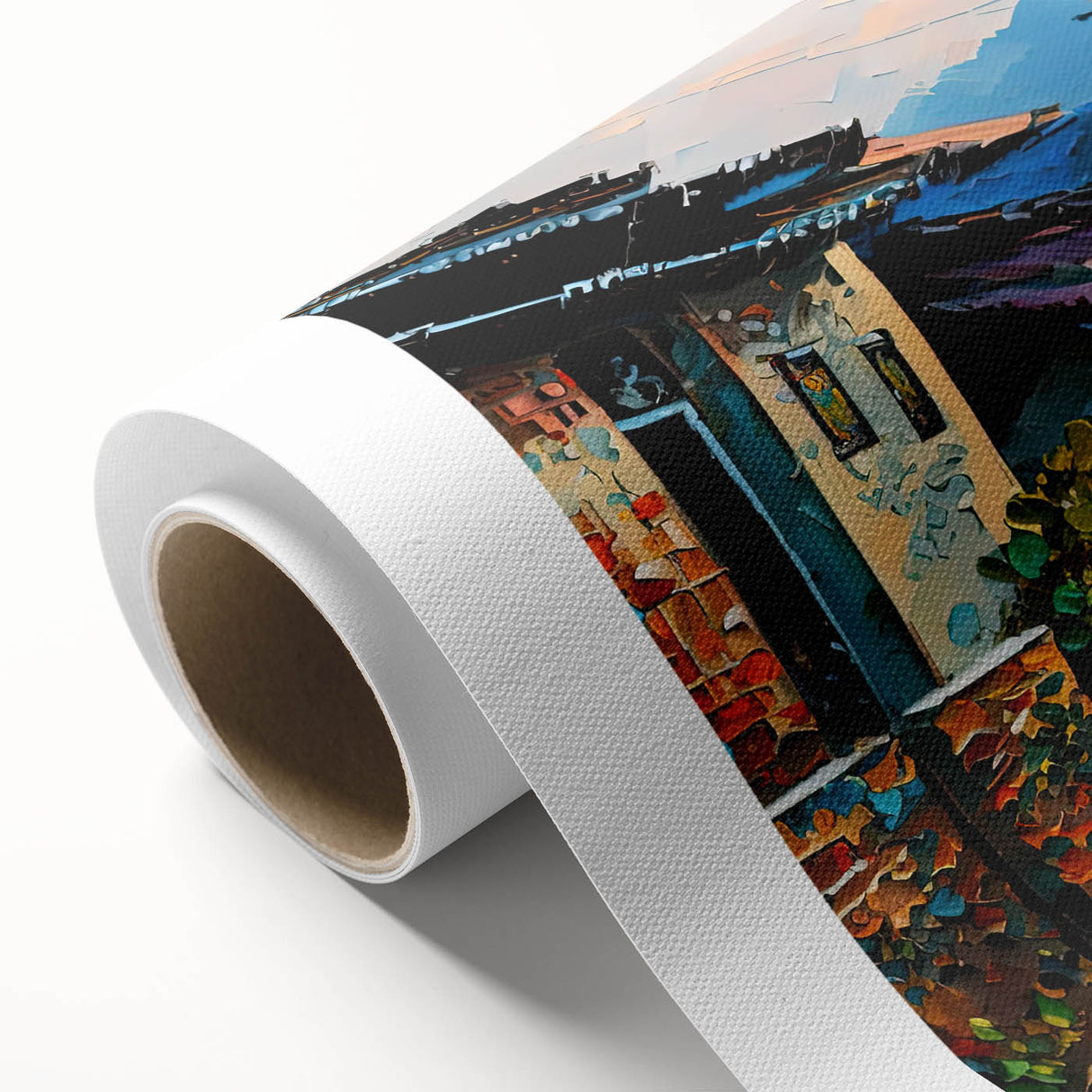 Vibrant rolled canvas artwork depicting a serene landscape with winding roads and lush greenery, ideal for home decor and interior design inspiration.