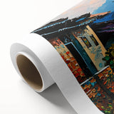 Vibrant rolled canvas artwork depicting a serene landscape with winding roads and lush greenery, ideal for home decor and interior design inspiration.
