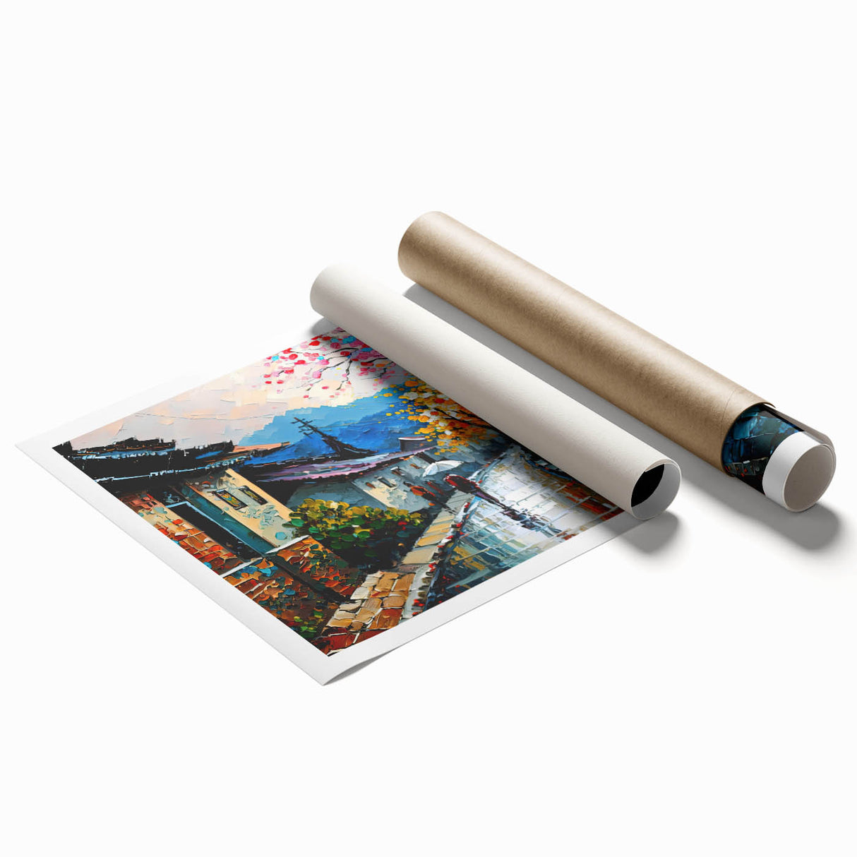 Rolled print of a serene landscape road design, showcasing vibrant colors and intricate details, ideal for home decor or office spaces, packaged securely in a cardboard tube.