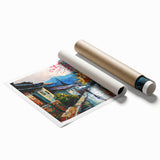 Rolled print of a serene landscape road design, showcasing vibrant colors and intricate details, ideal for home decor or office spaces, packaged securely in a cardboard tube.
