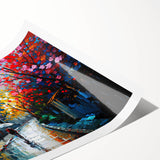 Colorful rolled print showcasing a vibrant landscape road design, emphasizing intricate details and textures, ideal for modern home decor or art collections.