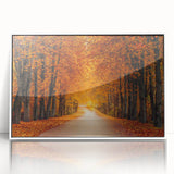Framed acrylic wall art featuring a serene landscape road design, set in a sleek white frame, ideal for home decor and enhancing interior aesthetics. The artwork showcases vibrant colors, inviting viewers to explore its tranquil scenery, perfect for living rooms or offices.