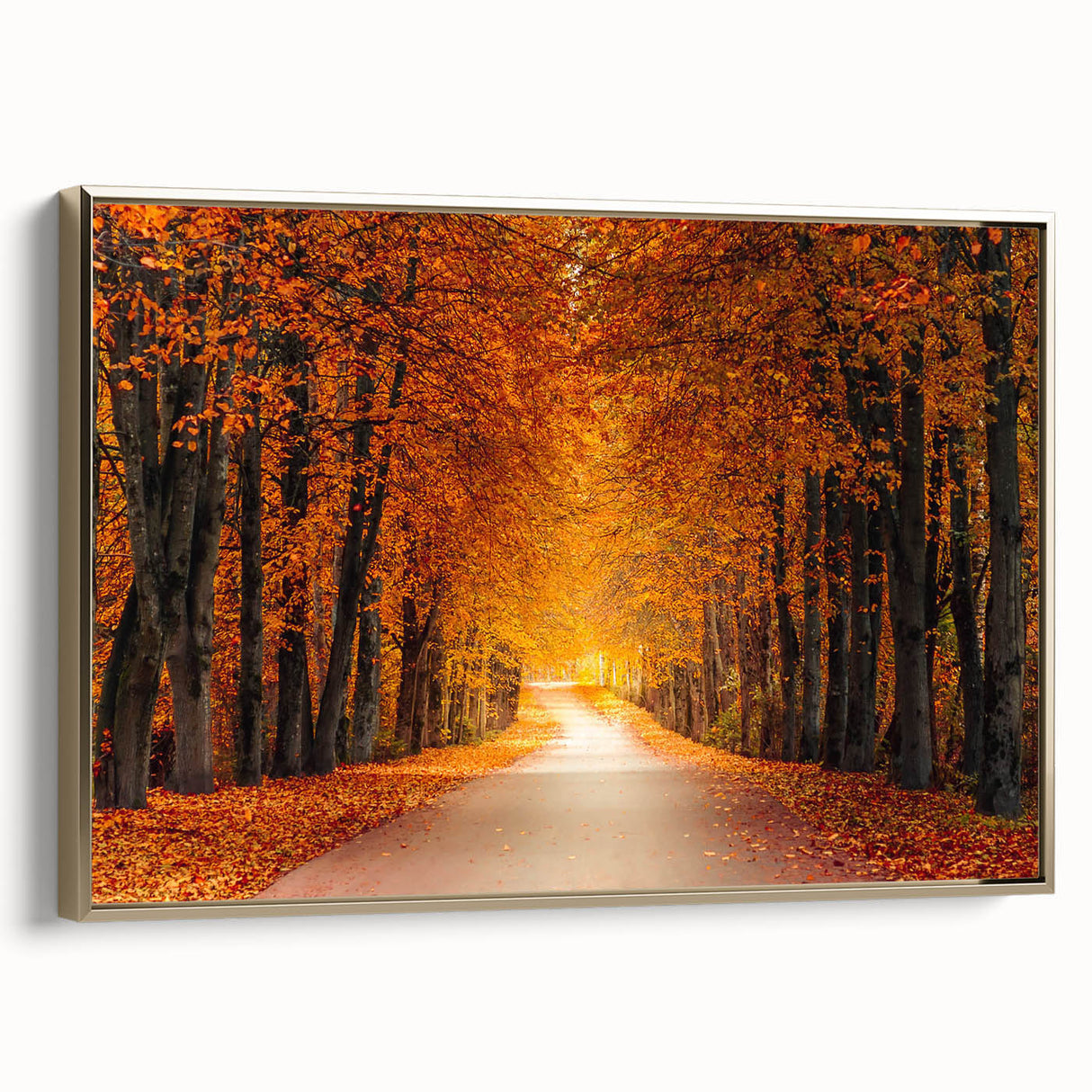 Framed canvas wall art featuring a scenic landscape with winding roads and lush greenery, accented by a gold frame, perfect for home decor and aesthetic enhancement.