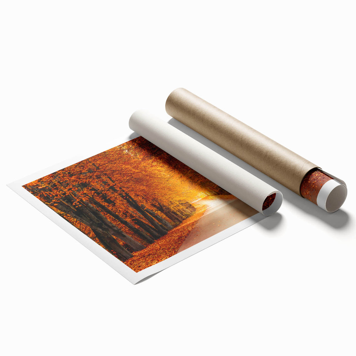 Vibrant rolled canvas print showcasing a serene landscape road design, featuring lush greenery and a clear blue sky, perfect for enhancing home decor.