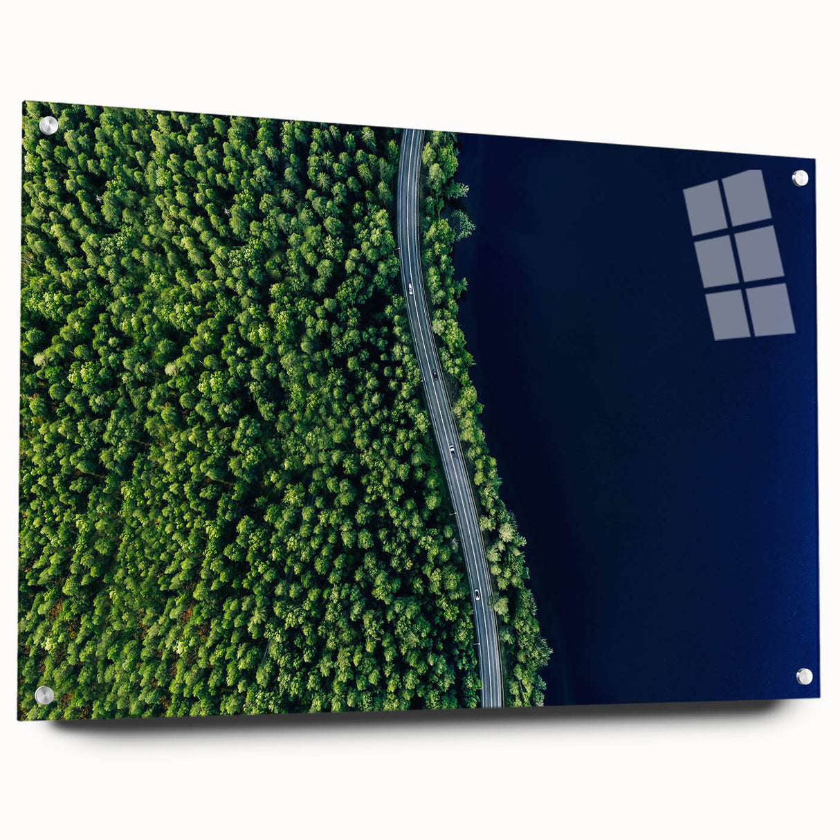 Abstract acrylic wall art showcasing a vibrant landscape design with winding roads and lush greenery, presented in a sleek glass frame, ideal for modern decor.