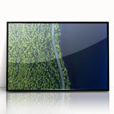 Framed acrylic wall art featuring a scenic landscape with winding roads, presented in a sleek black frame. Ideal for home decor enthusiasts seeking modern aesthetics.