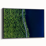 Framed canvas wall art showcasing a serene landscape with winding roads, in a sleek black frame, ideal for home decor or office settings. The artwork captures the essence of nature and tranquility, adding a stylish touch to any room.
