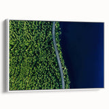 Framed canvas wall art featuring a serene landscape design with winding roads, set against a white background, perfect for modern home decor.