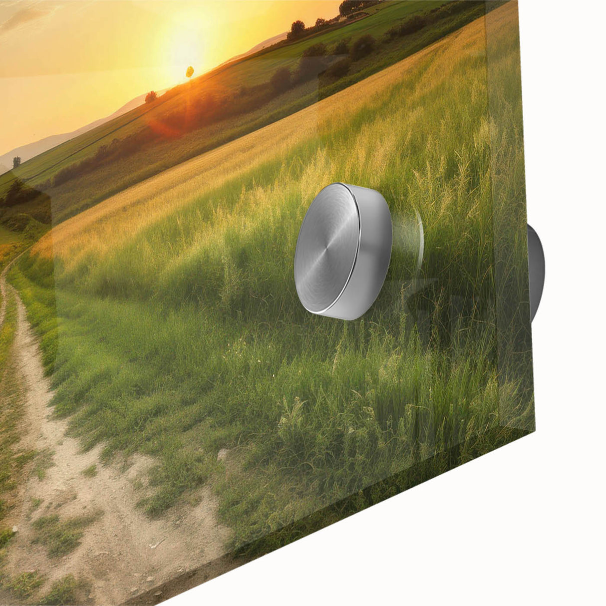 Close-up of a vibrant acrylic glass wall art piece showcasing a stunning landscape with winding roads, ideal for modern home decor. The design features rich colors and intricate details, perfect for adding a touch of elegance to any room.