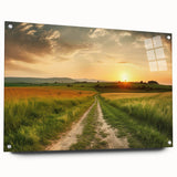 Acrylic glass wall art design showcasing a scenic landscape with vibrant colors and detailed textures, featuring a side view with pins for easy hanging. Ideal for modern decor and enhancing interior spaces.