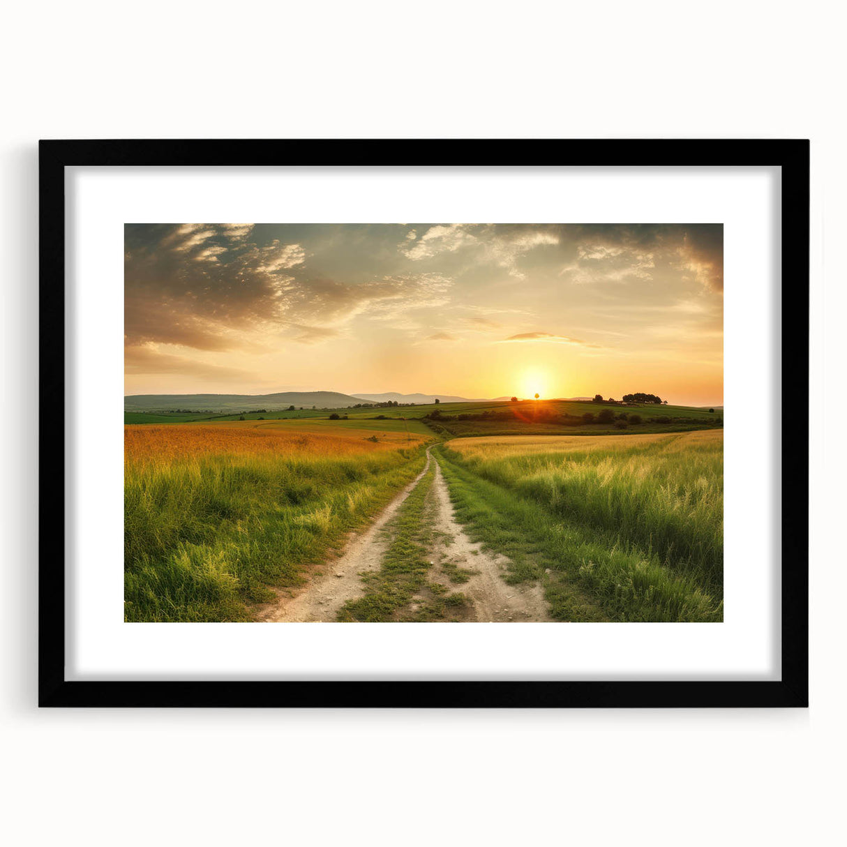 Framed wall art featuring a serene landscape design with winding roads, set in a sleek black frame with a white mat, perfect for modern decor.