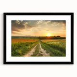 Framed wall art featuring a serene landscape design with winding roads, set in a sleek black frame with a white mat, perfect for modern decor.