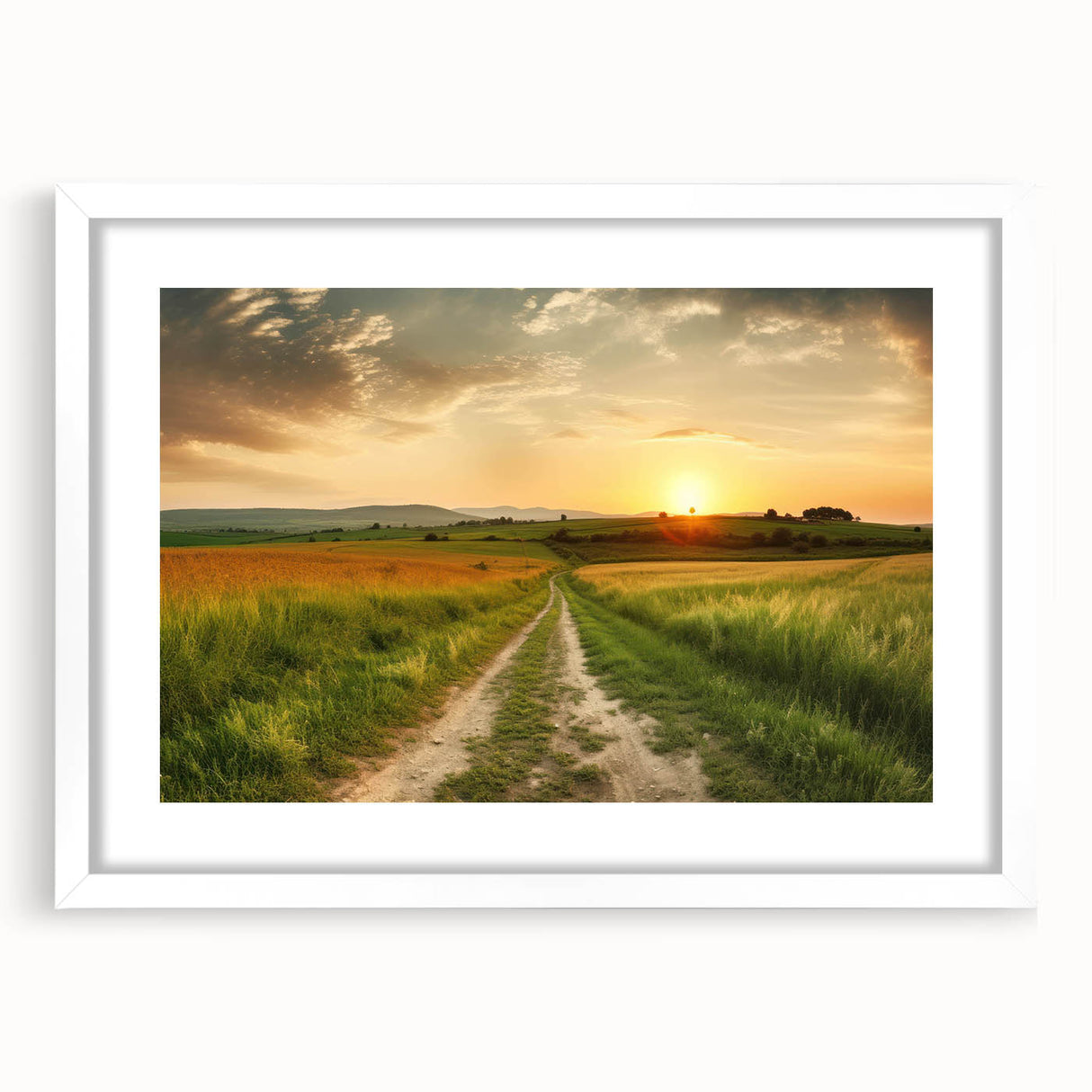Framed wall art featuring a scenic landscape road design, presented in a sleek white frame with a mat, ideal for home decor or office settings. The artwork showcases vibrant colors and intricate details, enhancing any interior space with a touch of nature-inspired elegance.