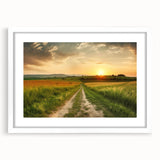 Framed wall art featuring a scenic landscape road design, presented in a sleek white frame with a mat, ideal for home decor or office settings. The artwork showcases vibrant colors and intricate details, enhancing any interior space with a touch of nature-inspired elegance.