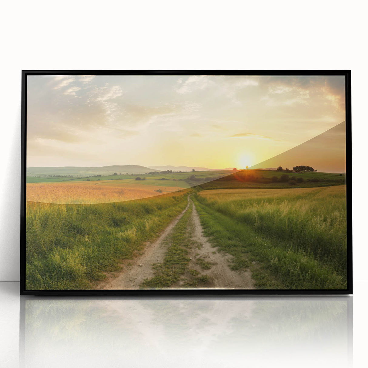 Framed acrylic wall art showcasing a stunning landscape road design with a sleek black frame, perfect for enhancing modern home decor. This piece adds depth and style to any interior space.