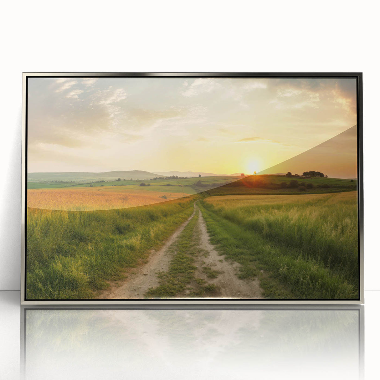 Framed acrylic wall art featuring a contemporary landscape design with a silver finish, showcasing a serene road scene, ideal for modern home decor.