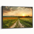 Framed canvas wall art showcasing a scenic landscape with winding roads and vibrant greenery, presented in a sleek black frame, perfect for home decor.